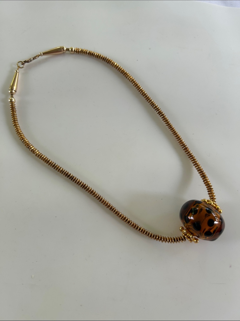 Vintage Gold Tone Spring Coil Gas Pipe Choker Amber Murano Lampwork Glass Bead